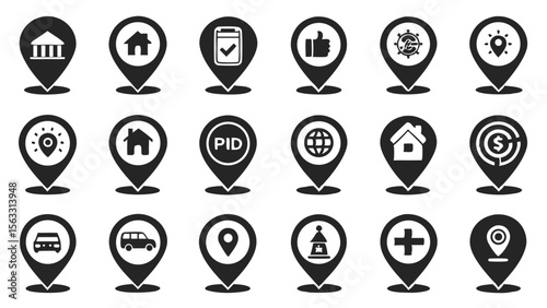 Vector art of a collection of twentyfour location marker icons, isolated on transparent background, featuring various business and service symbols