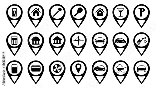 Vector art of a diverse collection of twentyfour location marker icons, isolated on transparent background, representing various places and services