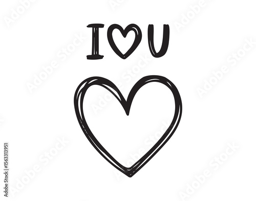 I love you hand handwritten doodle lettering phrase or quote with heart line art style. Decoration for greeting post card, Valentines Day, romance. Cute lettering