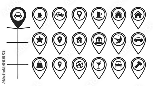 Vector art of a set of twentyfour location marker icons, isolated on transparent background, suitable for various mapping and navigation purposes