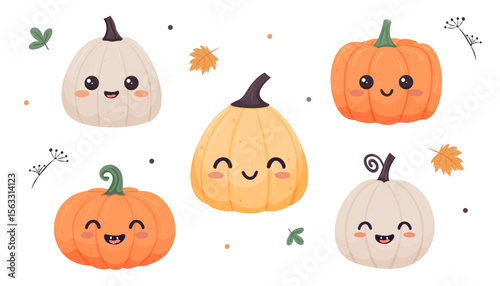 Adorable pumpkins with happy expressions, surrounded by autumn leaves, fall season