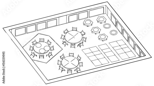 Vector art of a detailed floor plan illustrates the arrangement of tables and chairs in a spacious room, suitable for a conference or meeting