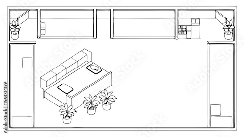 Vector art of isometric floor plan of a modern office building with a reception area and plants, isolated on transparent background