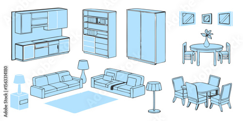 Vector art of collection of light blue modern furniture icons for living room and dining room, isolated on transparent background