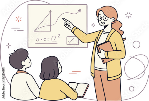 Teacher or Instructor Character Illustration Featuring Classroom and Chalkboard. Professional Teacher Character in Educational Scene with Students and Books. Modern Instructor Character Teaching