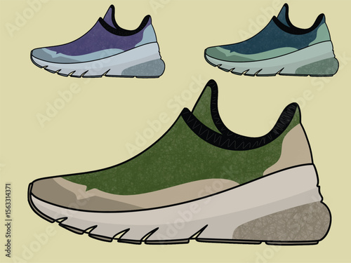 Shoes Sneakers Vector, running shoe vector illustration, shoe isolated, casual shoes hand-drawn collection full color,  Concept of fashion shoes. Vector illustration