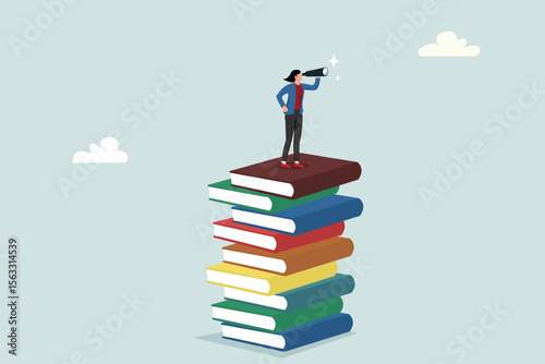 Books or education to help advance career, knowledge or wisdom for business visionary, leadership concepts or opportunities, confident business leader on tall stack of books looking through telescope.