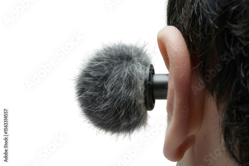 Man using discreet in-ear microphone during audio or video recording.