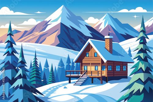 Cozy Winter Mountain Cabin A Snowy Escape Illustration