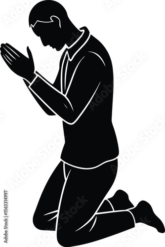 Silhouette of man praying on knees vector icon symbol for faith, worship, and religion