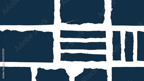 Abstract Torn Paper Shapes: Dark Blue Irregular Fragments on White Background,  Modern Minimalist Design,  Textured Collage Elements for Creative Projects.