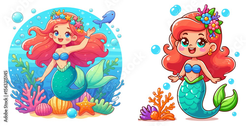 Vector art of two cute cartoon mermaids with sea life, isolated on white background