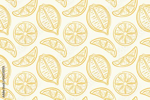 Seamless citrus pattern with line art style lemon slice on a biege background. Perfect for fruit packaging, kitchen wallpaper and summer design.