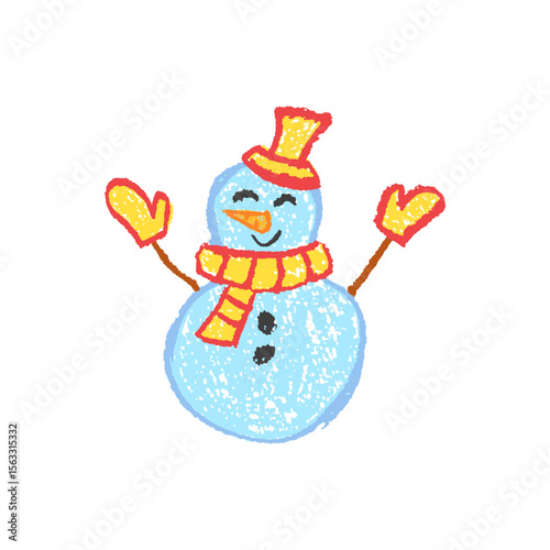 Cute Xmas snowman doodle with mittens and hat in pastel wax style, drawn by a kid. Perfect for children Christmas and New Year squiggle designs. Vector for school, kindergarten, or chalkboard art.
