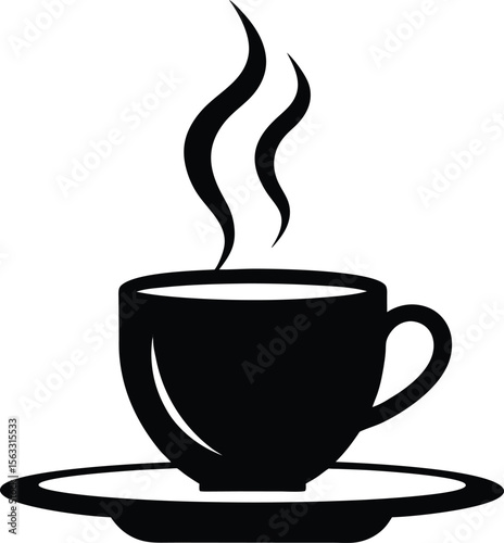 Black steaming coffee cup vector icon on saucer simple cafe tea hot drink illustration
