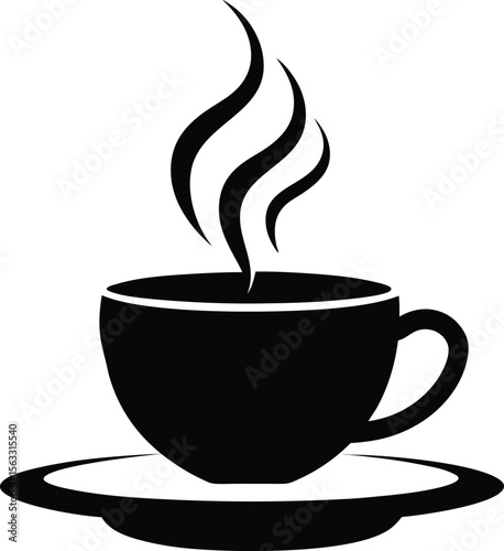 Black steaming coffee cup vector icon on saucer simple cafe tea hot drink illustration