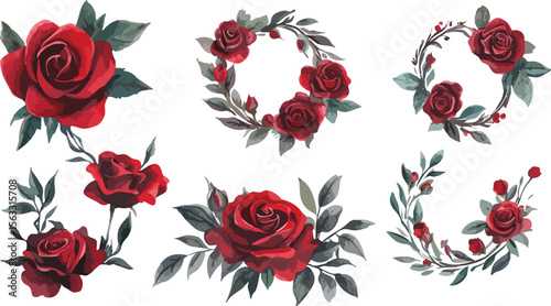 Elegant Red Rose Watercolor Floral Arrangements and Wreaths on White