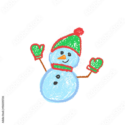 Cute Xmas snowman doodle with mittens and hat in pastel wax style, drawn by a kid. Vector for school, kindergarten, or chalkboard art. Perfect for children s Christmas and New Year squiggle designs.