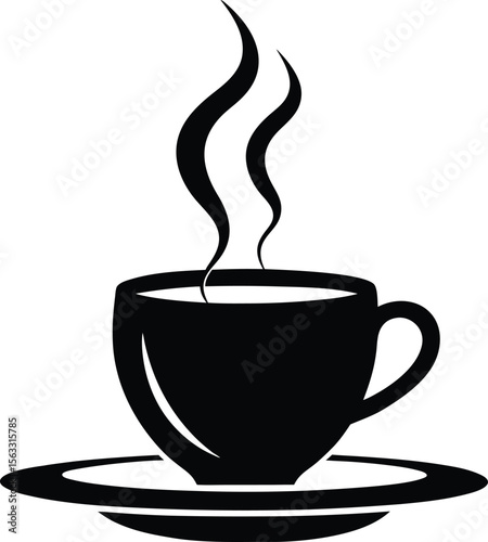 Black steaming coffee cup vector icon on saucer simple cafe tea hot drink illustration