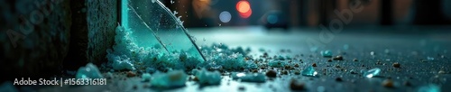 Close-up of a shattered window, shards of glass scattered on the ground, a clear sign of forceful entry and destruction Evidence of a violent crime scene , shattered window, legal, forensic