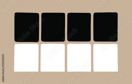 Abstract Minimalist Black and White Geometric Design Template: Eight Square Placeholders on Neutral Beige Background, Ideal for Modern Branding, Website Layout, or Social Media Content.