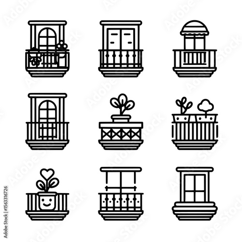 Black outlined flat style balcony icons are part of a set that includes isolated balcony icons and modern illustrations of balcony views