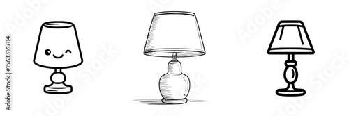 The icon of a table lamp and its line art representation are depicted in a simple style, ideal for logos and icons related to table lamps