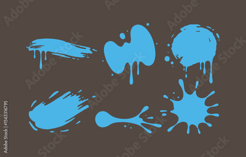 Abstract Blue Paint Splatter Collection: Dripping, Splashed, and Brush Stroke Designs on Dark Background; Vector Illustration for Graphic Design, Web Design, and Digital Art Projects.