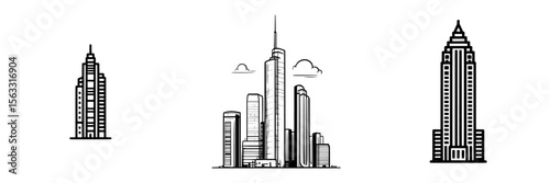 A skyscraper icon and line art illustration, featuring a simple design suitable for logos and icons representing skyscrapers