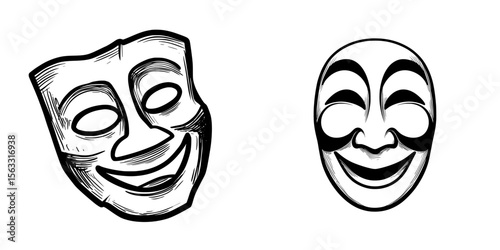 Icon of a humorous mask and line art of a funny mask, represented in simple line art style, ideal for logos and icons of funny masks