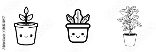 The icon of a potted plant and its line art representation are depicted in a simple style, ideal for logos and icons related to potted plants