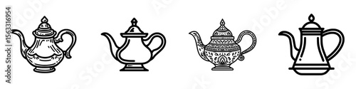 Icon of an Arabic tea pot and line art of an Arabic tea pot in simple style, ideal for logos and icons of Arabic tea pots