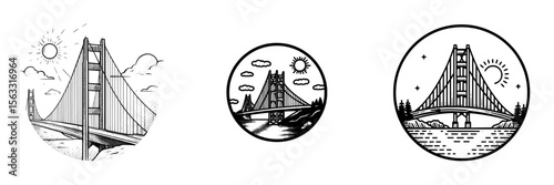 A simple line art design of the Golden Gate Bridge serves as an iconic representation, suitable for creating logos and icons of the Golden Gate Bridge