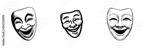 Comedy mask symbol, simple line art of comedy mask - straightforward line art representation of comedy mask, suitable for comedy mask icons and logos