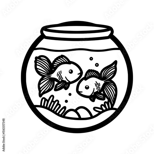 A fish bowl icon and line art illustration, featuring a simple design of a fish bowl, ideal for logos and icons related to fish bowls
