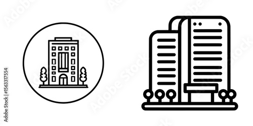 Office building logo and icon designs can utilize a simple line art representation of an office building, which is also available as an icon