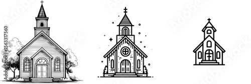 A simple line art depiction of a church, suitable for use as church logos or icons