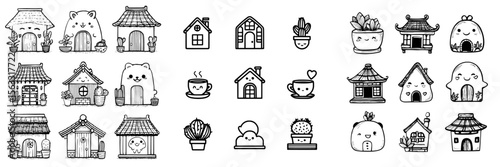 A collection of home icons is depicted in isolation on a white background, presented in a modern illustration style
