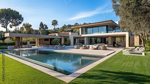 Serene modern luxury villa with pool and expansive outdoor living spaces
