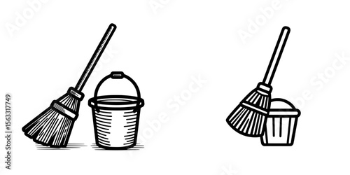A simple thin line stroke is used to depict the icon of a besom with stick and pail