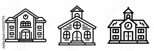 Modern pictogram representing a college or university, depicted as a school building line icon, for use in education illustrations or as a sign for a schoolhouse exterior