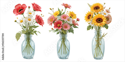 Vector art of three vases with mixed flowers isolated on white background