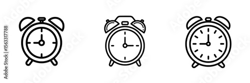 Modern illustration of an alarm symbol with a thin black outline, presented as a line icon design on a transparent background with an editable stroke