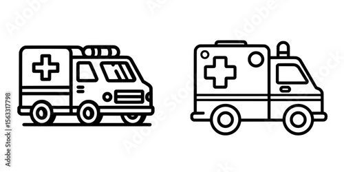 Thin black outline ambulance icon created in modern illustration style with editable stroke on transparent background