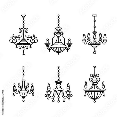 A chandelier set is represented by a line icon design, featuring a thin black outline symbol in a modern illustration style on a transparent background with an editable stroke