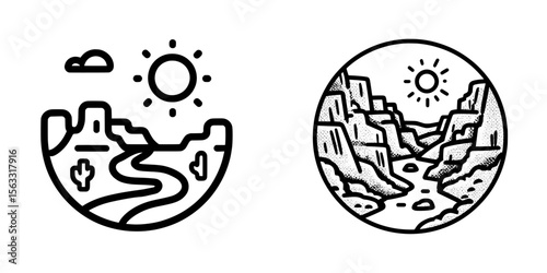 A canyon icon is represented by a thin black outline symbol in a modern illustration on a transparent background with an editable stroke