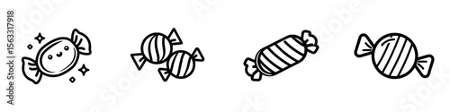 The design of the candy line icon features a modern illustration with a thin black outline symbol on a transparent background, and it is editable
