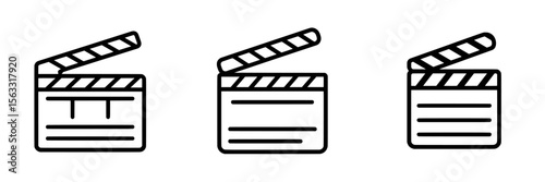 Modern illustration of a clapperboard symbol with a thin black outline and editable stroke on a transparent background