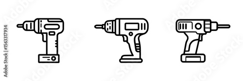 Cordless drill line icon design features a cordless drill thin black outline symbol in modern illustration style with an editable stroke icon on a transparent background