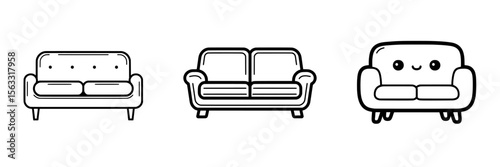 A couch icon is presented in a line design with a thin black outline, symbolizing modern style, and is editable on a transparent background